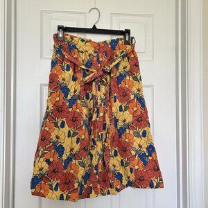 Forever 21 Floral Yellow Cotton Midi Skirt, Button Front with Sash Medium